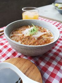 High angle view of soup in bowl on table