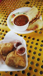 Close-up of breakfast served on table