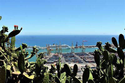 People in sea against clear blue sky