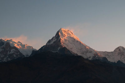 Scenic view of snowcapped mountains against sky during sunset