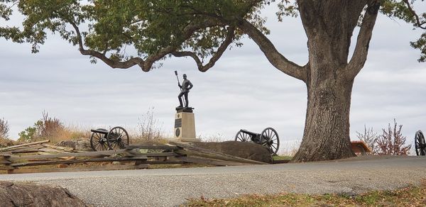 Statue by trees on field against sky