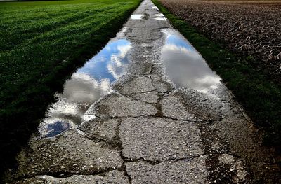 High angle view of wet footpath on field