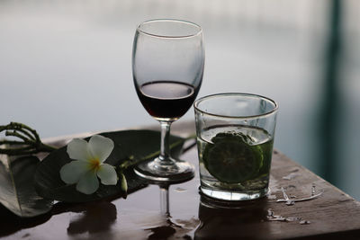 Close-up of beer in glass on table