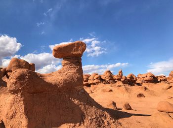 Landscape of small oddly shaped rock formations at goblin valley state park in utah
