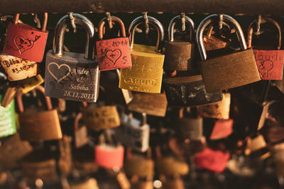 Close-up of padlocks hanging on fence