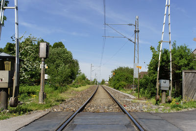 Railroad track amidst plants against sky