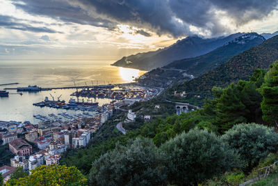 Scenic aerial view at sunset of salerno and amalfi coast from arechi castle. salerno
