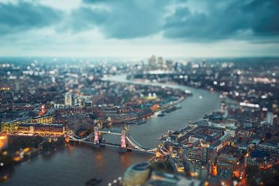 High angle view of illuminated london cityscape