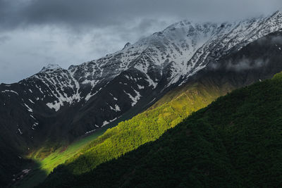 Scenic view of snowcapped mountains against sky. beautiful mountains. chechnya