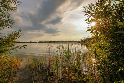 Scenic view of lake against sky during sunset