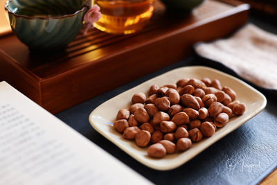 High angle view of food in plate on table