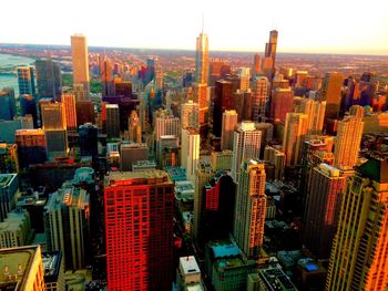 City skyline at sunset