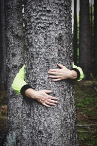 Midsection of woman standing by tree trunk