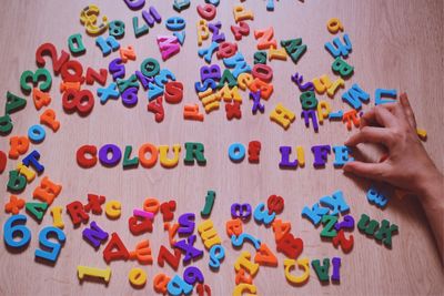 High angle view of multi colored toy on table