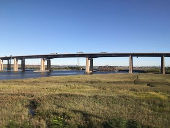 Bridge over river against clear blue sky