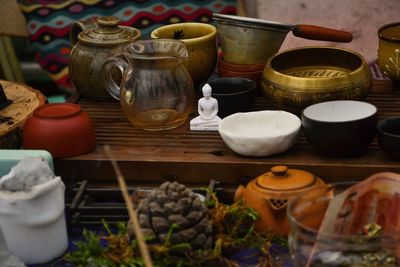 High angle view of containers on table