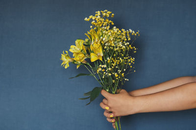 Midsection of woman holding yellow flowering plant against blue background