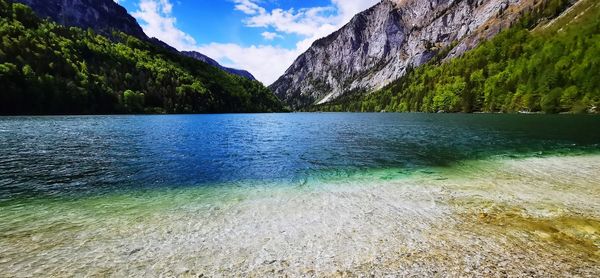 Scenic view of lake by mountains against sky