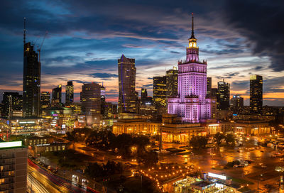 Aerial photo of warsaw city skyline in poland at sunset