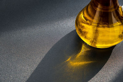 High angle view of wine bottles on table