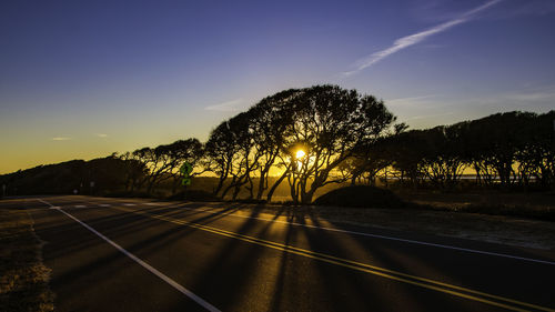 Silhouette trees by road against sky during sunset