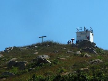 Low angle view of landscape against clear blue sky