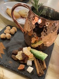 High angle view of dessert on table