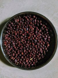 High angle view of raspberries in bowl