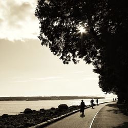 Silhouette people on beach against sky during sunset