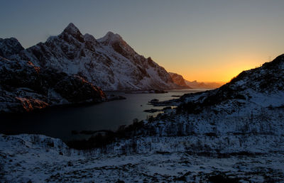 Scenic view of lake against clear sky during winter