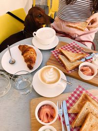 High angle view of breakfast served on table