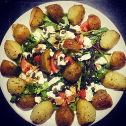 High angle view of food served in plate