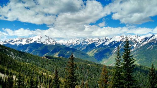 Scenic view of mountains against cloudy sky