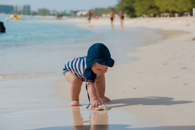 Cute boy playing with animal at sea shore