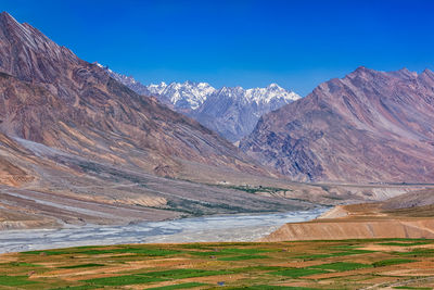 View of spiti valley and spiti river in himalayas.