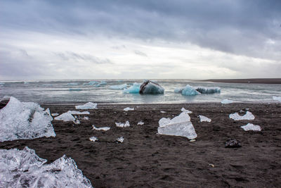 Icebergs at beach against cloudy sky during winter