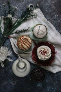 High angle view of cupcakes on table