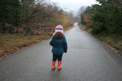 Rear view of boy walking on road along plants