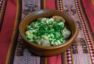 High angle view of a stew in bowl called locro