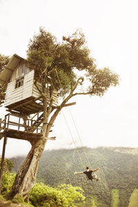 Rear view of man enjoying on swing against mountains and clear sky