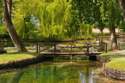 Footbridge over lake against trees
