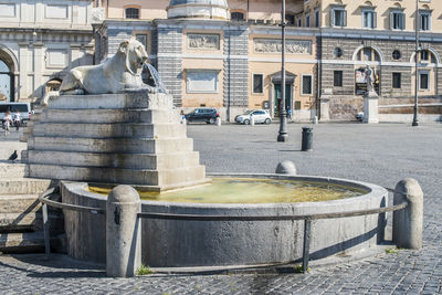 Statue by fountain in city