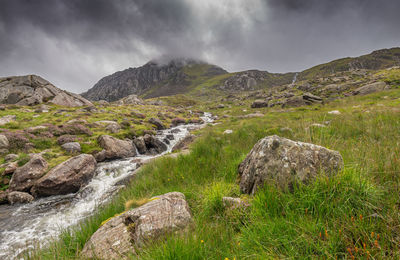 Scenic view of waterfall against sky