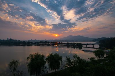 Scenic view of lake against sky at sunset