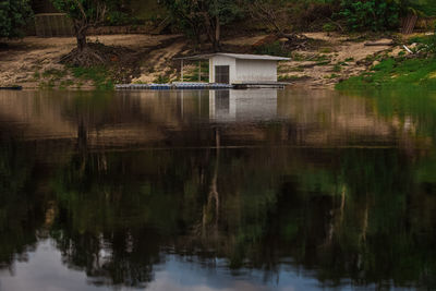 Reflection of trees and building on lake