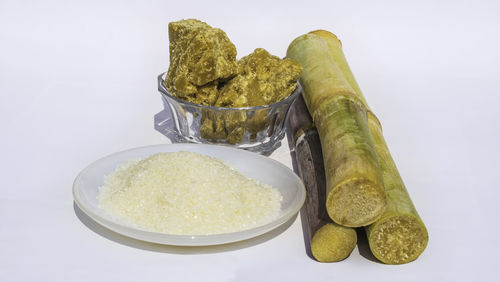 High angle view of food on table against white background