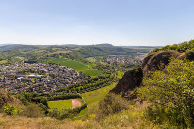 High angle view from the rotenfels of bad muenster am stein ebernburg with the nahe river, germany