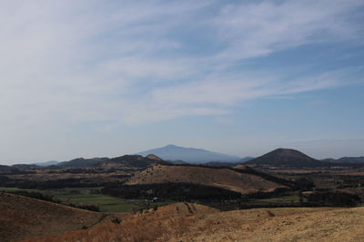 Scenic view of landscape and mountains against sky