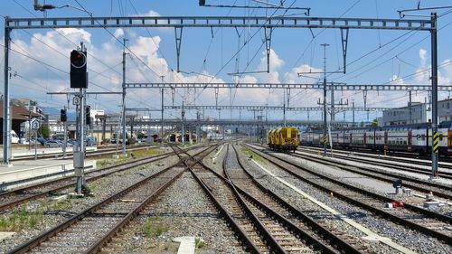 Railroad station platform against sky