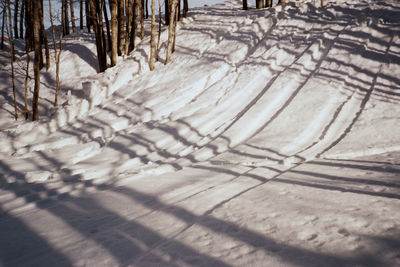 High angle view of tire tracks on snow covered land